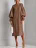 Brown Adjustable Drawstring-waist Midi Dress With Lantern Sleeves And Pleated Ruffle Cuffs