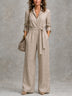 Apricot V-neck Wide-leg Jumpsuit With Loose Waist And Back Zipper