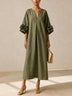 Olive Green V-neck Midi Dress With Striking Floral Cuffs