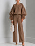 Brown Front-zip Top With Ruffled Cuffs And Wide-leg Pants Set