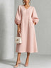 Pink Scalloped-Collar Button-Front Lantern-Sleeve Midi Dress