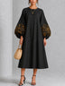 Black Gold Floral Print Button-Front Lantern-Sleeve Midi Dress