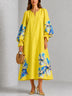 Yellow Floral Print Lantern-sleeve Loose Midi Dress