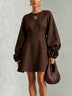 Chocolate Brown Belted A-line Mini Dress Featuring Striking Floral Cuffs