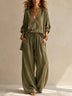 Olive Green V-neck Loose Top And Drawstring Wide-leg Pants Set