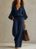 Navy V-neck Flared-sleeve Top And Drawstring Wide-leg Pants Set