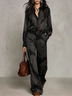 Black Paisley Print Satin Long-sleeve Shirt And Wide-leg Trousers Set (with belt)