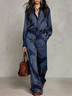 Navy Paisley Print Satin Long-sleeve Shirt And Wide-leg Trousers Set (with belt)