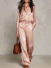 Pink Paisley Print Satin Long-sleeve Shirt And Wide-leg Trousers Set (with belt)