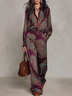 Burgundy-purple Paisley Print Satin Long-sleeve Shirt And Wide-leg Trousers Set (with belt)