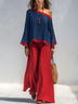 Blue Red Color-block One-shoulder Top And Red Wide-leg Trousers Set