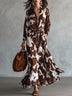 Brown Cow Print Long Sleeve Shirt Collar Maxi Dress