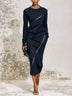 Navy Long-sleeved Top And Midi Skirt Two-piece Set With Zipper Detail