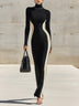 Black White Color-Block High-Neck Maxi Dress With Side Vertical Stripes And Slits