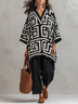 Black White V-neck Geometric Print Loose Top And Black Cropped Wide-leg Trousers Set