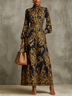 Navy Blue And Gold Baroque Print High Neck Long Lantern Sleeves Maxi Dress