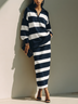 Navy Half-zip Color-block Striped Polo-collar Top And Midi Skirt Set