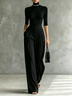 White Trim High-neck Mid-sleeved Black Top With Black Wide-leg Pants Set