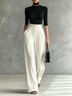 White Trim High-neck Mid-sleeved Black Top With White Wide-leg Pants Set