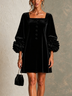 Black Velvet Button-front Mini Dress Featuring Striking Floral Cuffs
