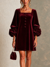 Burgundy Velvet Button-front Mini Dress Featuring Striking Floral Cuffs