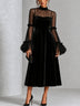 Black Velvet And Sheer Mesh Spliced Pleated Midi Dress
