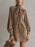 Brown Faux Suede Loose Mini Dress with Bow Detail and Lantern Sleeves