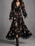 Black Rose-print Lace-trimmed Ruched-waist Maxi Dress