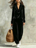 Black Velvet Cowl-neck Top And Loose-fitting Cuffed-hem Pants Set