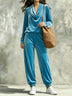 Black Velvet Cowl-neck Top And Loose-fitting Cuffed-hem Pants Set