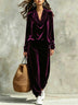 Black Velvet Cowl-neck Top And Loose-fitting Cuffed-hem Pants Set