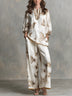 Ivory Satin V-Neck Butterfly-Print Top and Wide-Leg Trousers Set