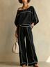 Black White Color-block Trim Off-shoulder Top and Wide-leg Pants Casual Two-piece Set