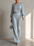Dusty Blue Satin Off-the-shoulder Lantern-sleeve Top And High-waisted Wide-leg Trousers Set