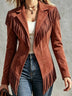 Faux Suede Slim-Fit Lapel Long-Sleeve Jacket with Fringe Detail