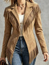 Faux Suede Slim-Fit Lapel Long-Sleeve Jacket with Fringe Detail