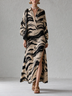 Apricot Abstract-Print Loose Straight-Cut Maxi Dress with Side Slits