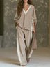 Khaki Color-block V-neck Loose Top And Wide-leg Pants Set