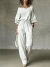 White Off-the-shoulder Top And Drawstring Wide-leg Pants Set