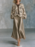 Beige Paisley Floral Print Tie-front Lantern-sleeve Top And Champagne Satin Lace Skirt Set