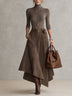 Taupe High-neck Top And Asymmetric Faux-suede Skirt Set(with belt)
