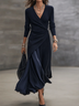 Navy V-neck Ribbed Asymmetrical Wrap Maxi Dress With Satin Paneling