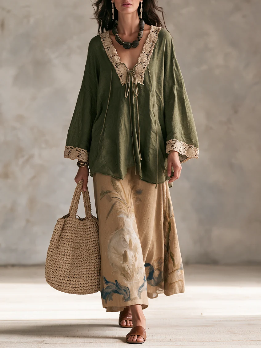 Olive Green V-neck Lace Blouse And Watercolor Floral Print Skirt Set