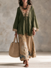 Olive Green V-neck Lace Blouse And Watercolor Floral Print Skirt Set