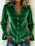 Velvet Button-Front Long-Sleeve Ruffled Shirt