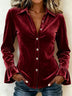 Velvet Button-Front Long-Sleeve Ruffled Shirt
