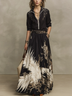 Black Gold Artistic Print Half-zip Shirt And Flowy Floral Midi Skirt Set
