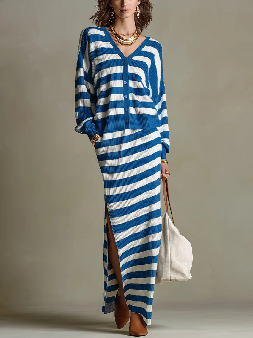 Blue White Striped Ribbed Cardigan And Side-slit Skirt Set