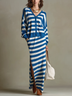 Blue White Striped Ribbed Cardigan And Side-slit Skirt Set