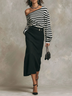 Black White Off-the-shoulder Striped Top And Textured Skirt Set(with belt)